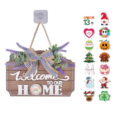 THWS00001 Artifical Flower Wooden Crafts Welcome Sign Velcro Door Decoration Wooden Hanging Sign