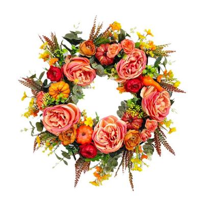 BLMM00006 Hot Selling Autumn Peony and Pumpkin Wreath Bountiful Harvest Halloween Rural Farmhouse Courtyard Door Decoration Wreath