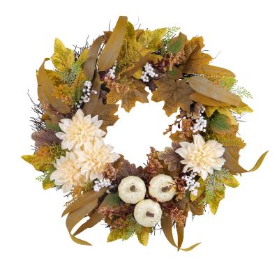 YWGL00001 Artifical Maple Leaf White Pumpkin Flower Hanging Wreath Harvest Thanksgiving Dried Branch Vine Circle Courtyard Decoration