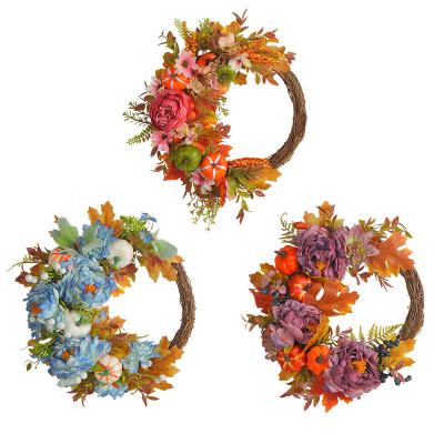 YWGHU3-30 Harvest Festival Peony and Pumpkin Wreath Artifical Flower Home Decoration Outdoor Courtyard Dried Wreath