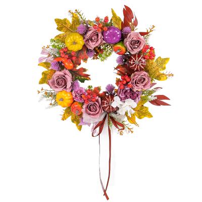 YWGH00006 Harvest Festival Rose Pumpkin Flower wreath Door Hanging Rural Farmhouse Courtyard Door Sign Dead Branch Flower wreath Decorative Pendant