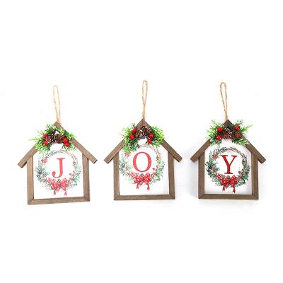 ZJHYLF-011 Christmas Hollow Snowflake Pendant Woden JOY House with Hanging Rope Decoration