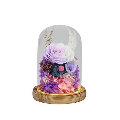 Valentines Day Eternal Flower Rose Color blocked Glass Cover Finished Product Antique Wooden Base with Lamp Embroidered Ball Dried Flower Craft